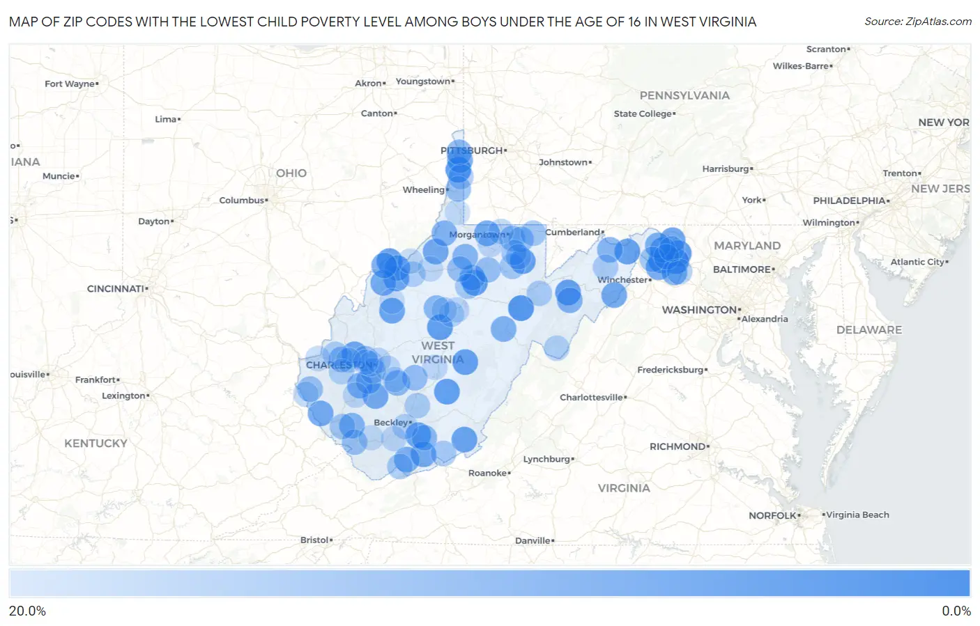 Zip Codes with the Lowest Child Poverty Level Among Boys Under the Age of 16 in West Virginia Map