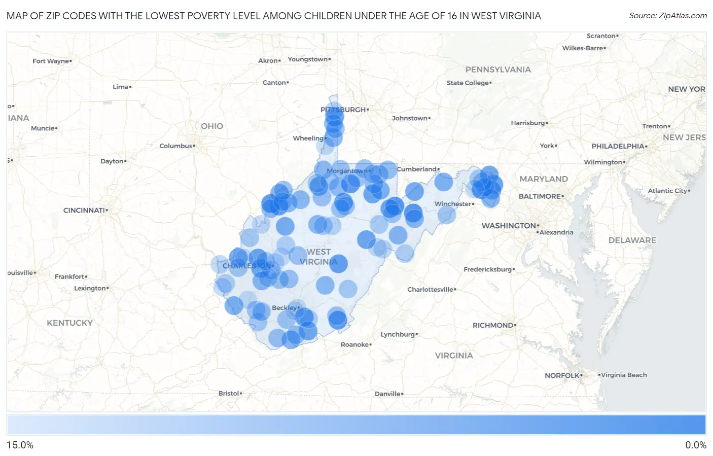 Zip Codes with the Lowest Poverty Level Among Children Under the Age of 16 in West Virginia Map