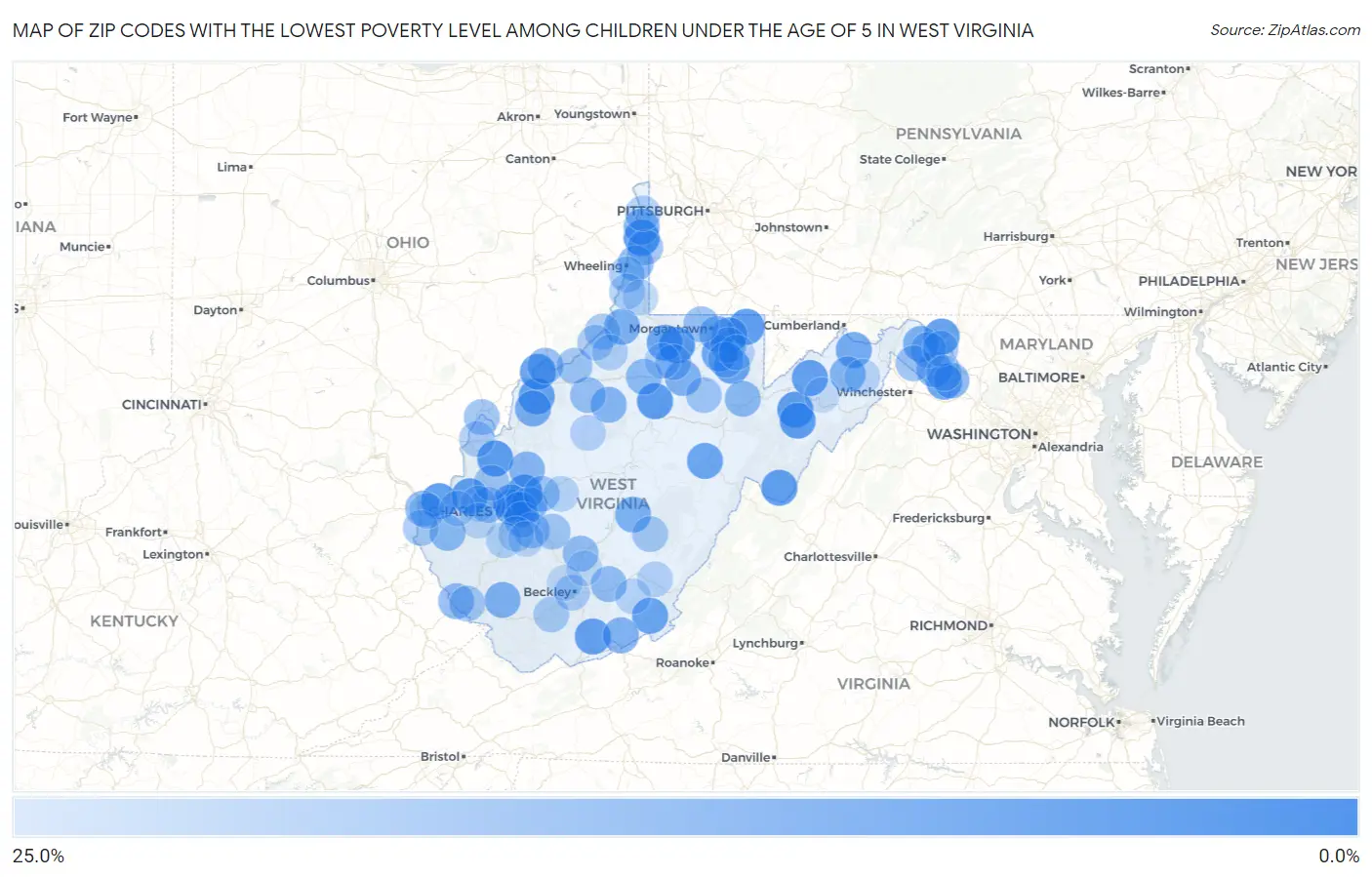 Zip Codes with the Lowest Poverty Level Among Children Under the Age of 5 in West Virginia Map