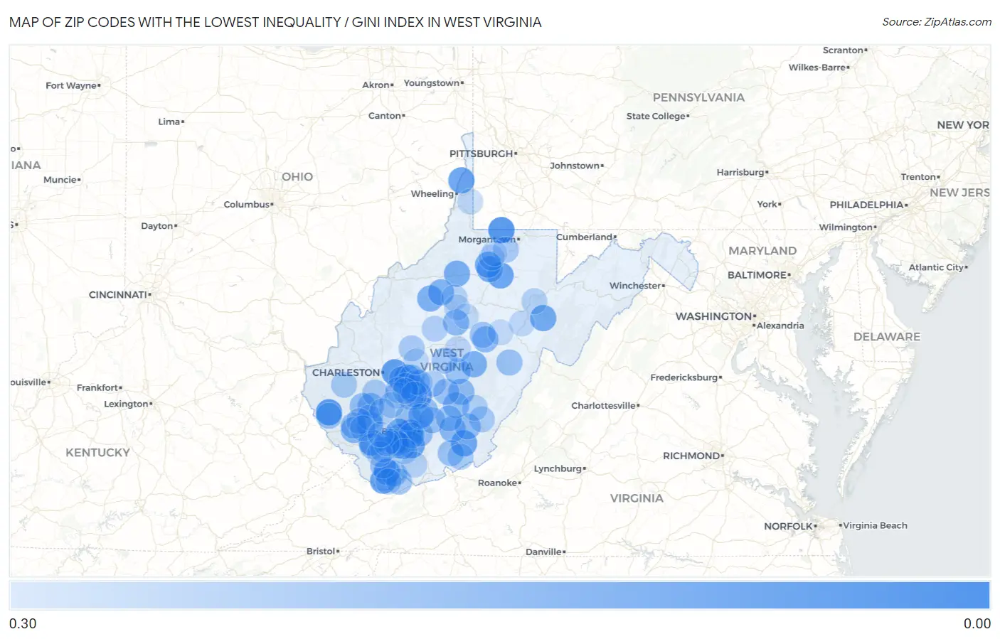 Zip Codes with the Lowest Inequality / Gini Index in West Virginia Map