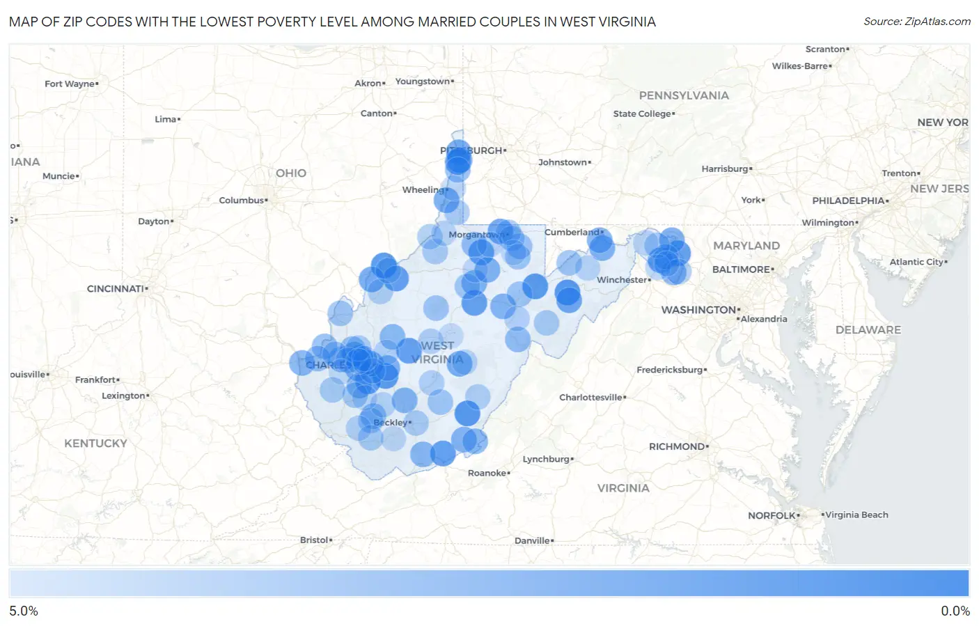Zip Codes with the Lowest Poverty Level Among Married Couples in West Virginia Map