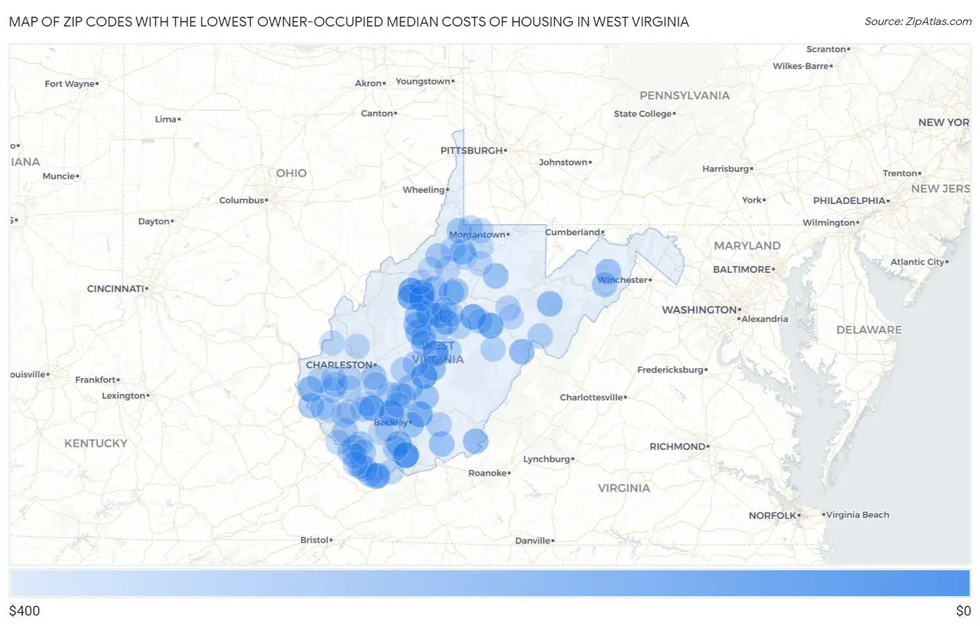 Zip Codes with the Lowest Owner-Occupied Median Costs of Housing in West Virginia Map