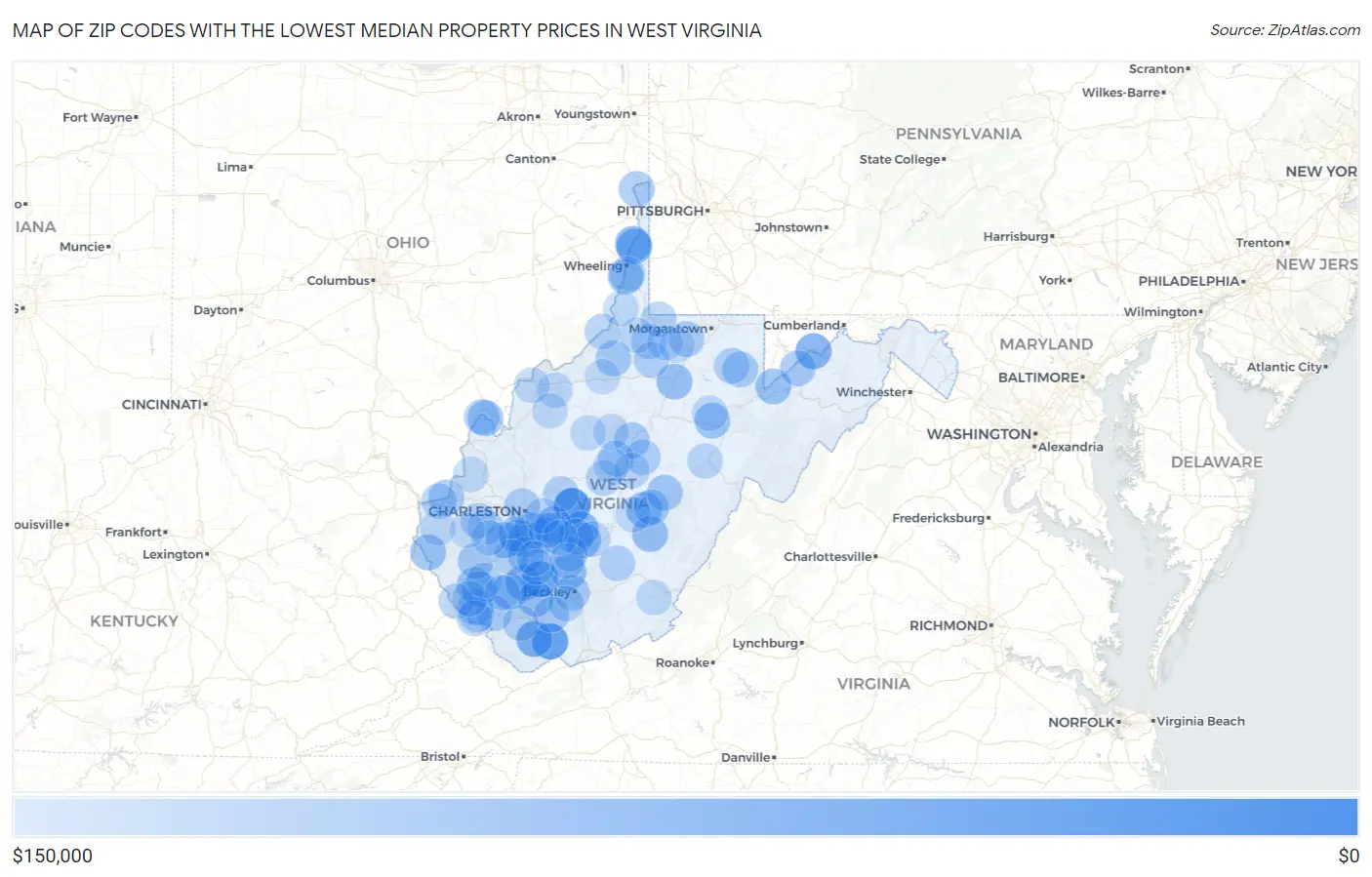 Zip Codes with the Lowest Median Property Prices in West Virginia Map