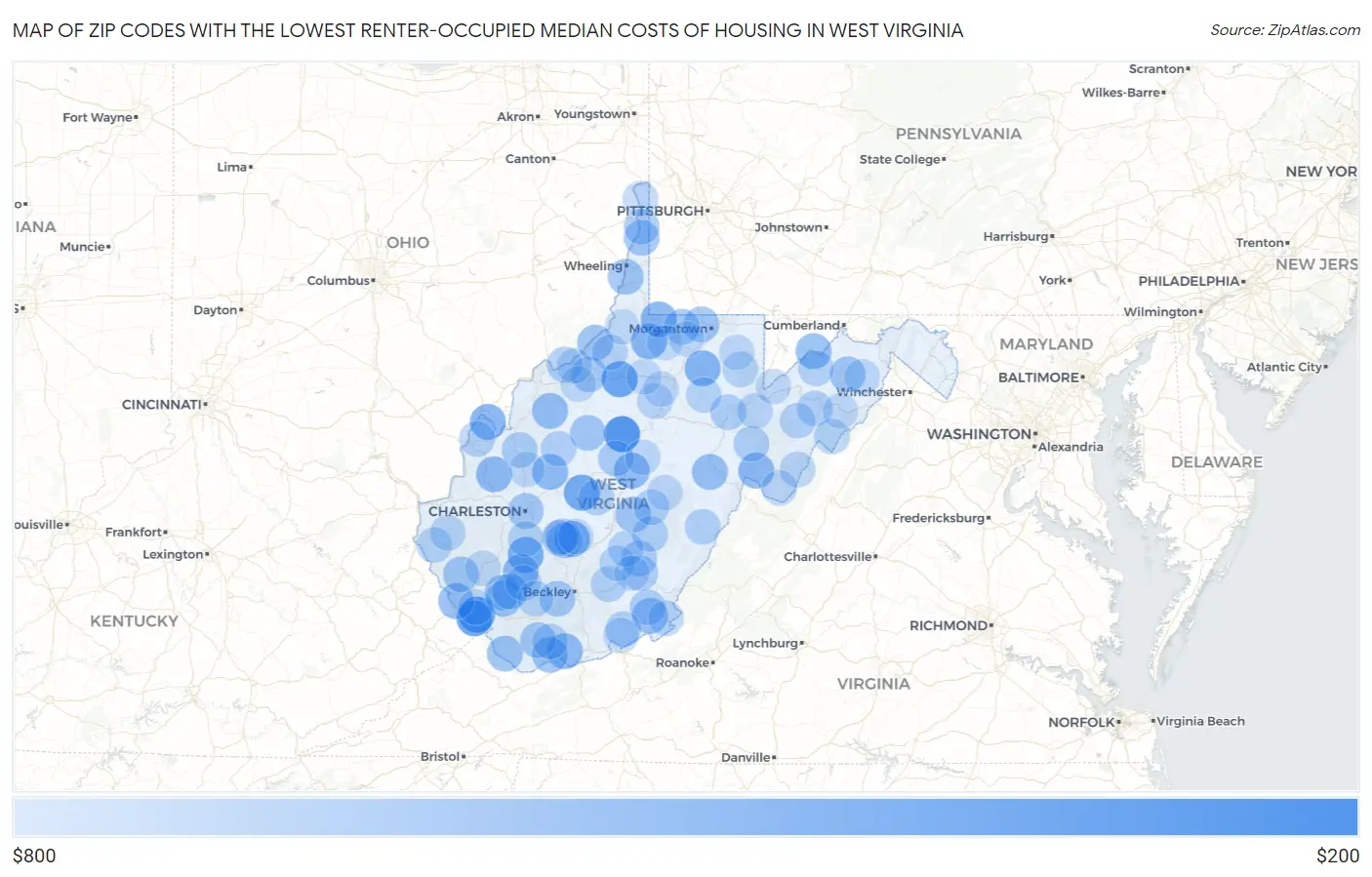 Zip Codes with the Lowest Renter-Occupied Median Costs of Housing in West Virginia Map