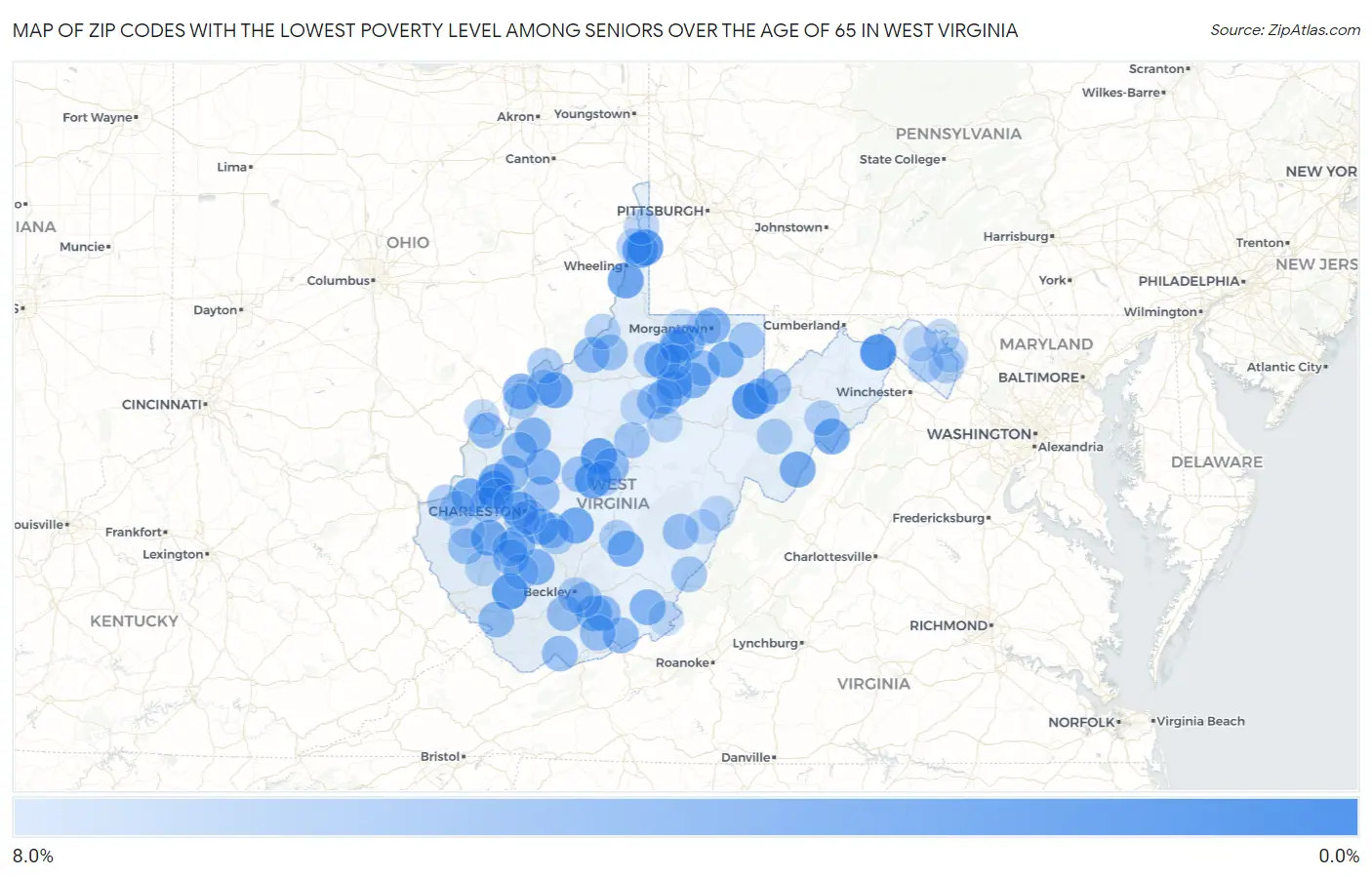 Zip Codes with the Lowest Poverty Level Among Seniors Over the Age of 65 in West Virginia Map