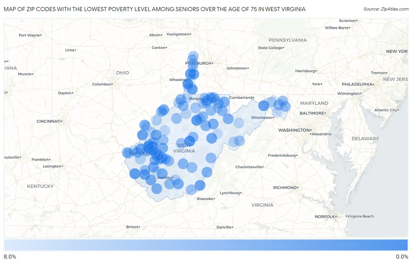 Zip Codes with the Lowest Poverty Level Among Seniors Over the Age of 75 in West Virginia Map