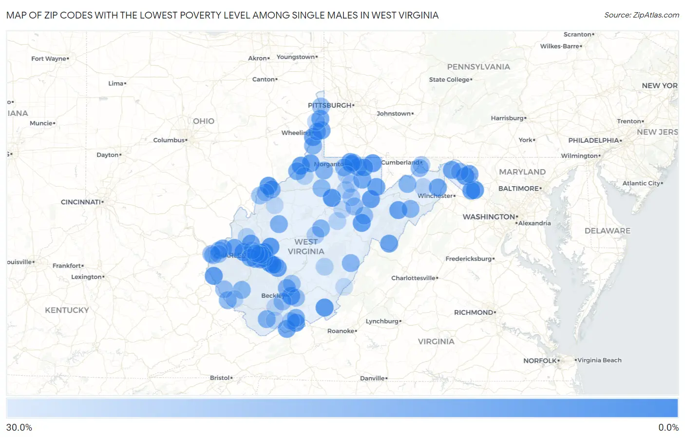 Zip Codes with the Lowest Poverty Level Among Single Males in West Virginia Map