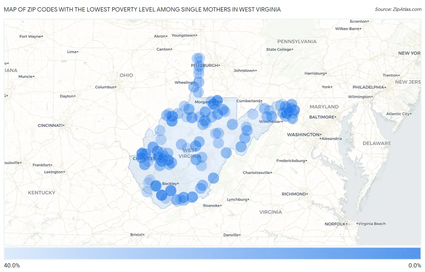 Zip Codes with the Lowest Poverty Level Among Single Mothers in West Virginia Map