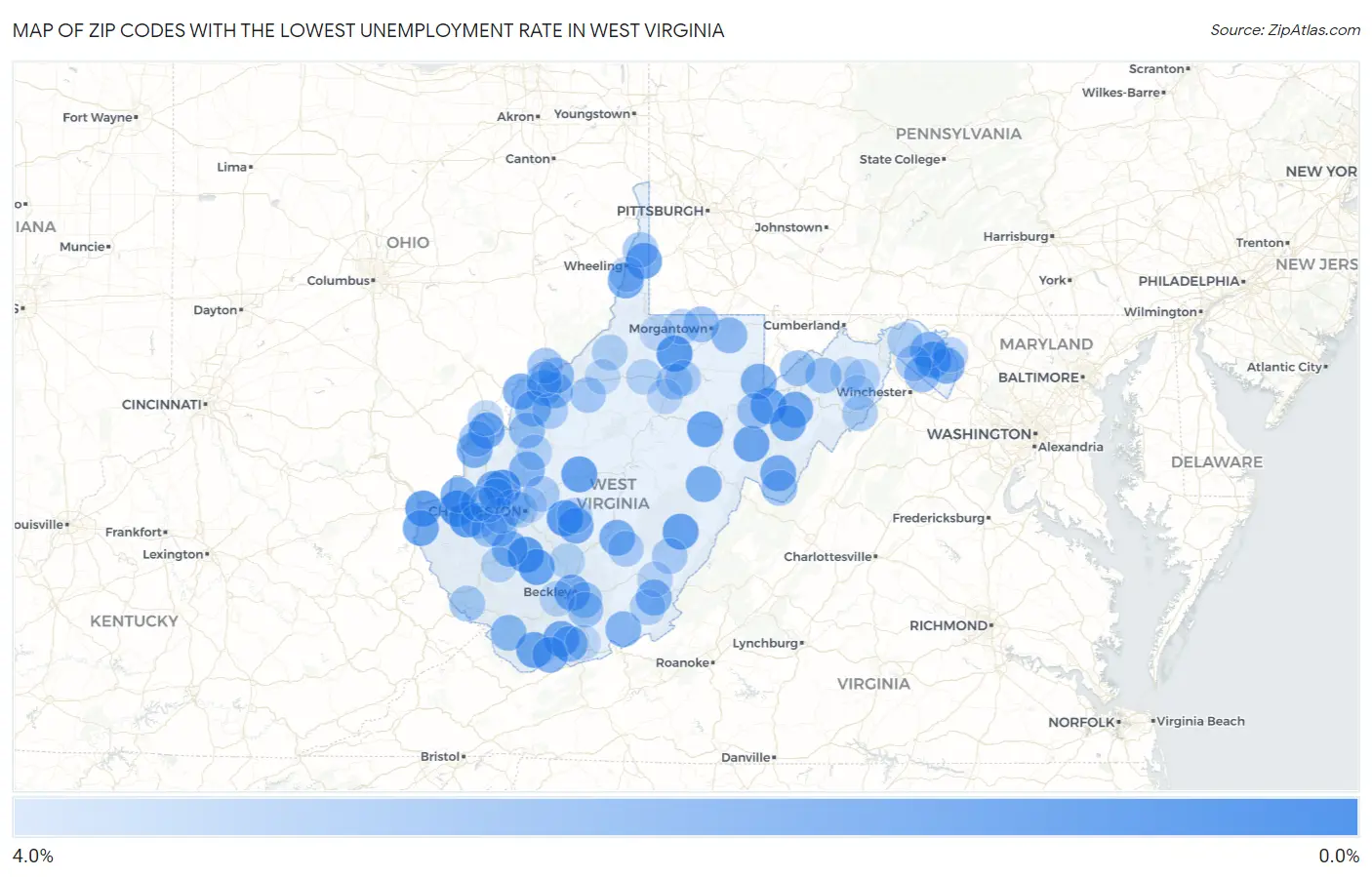 Zip Codes with the Lowest Unemployment Rate in West Virginia Map