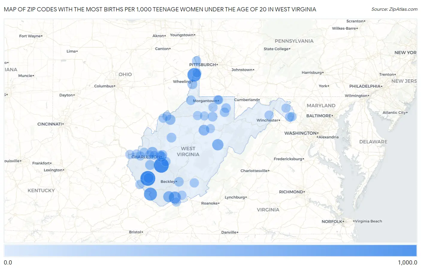 Zip Codes with the Most Births per 1,000 Teenage Women Under the Age of 20 in West Virginia Map