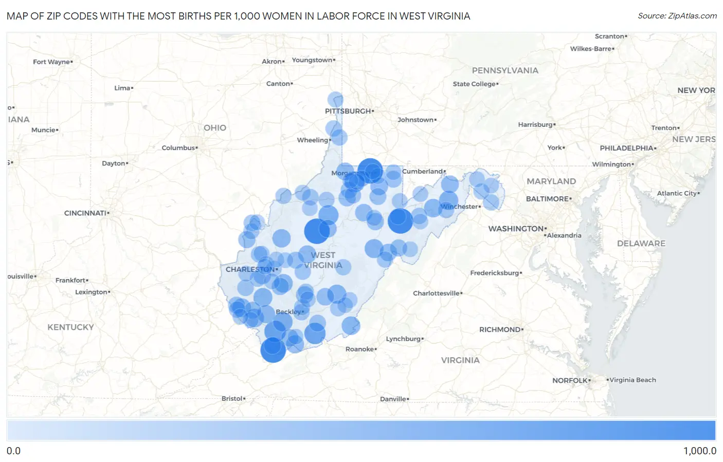 Zip Codes with the Most Births per 1,000 Women in Labor Force in West Virginia Map