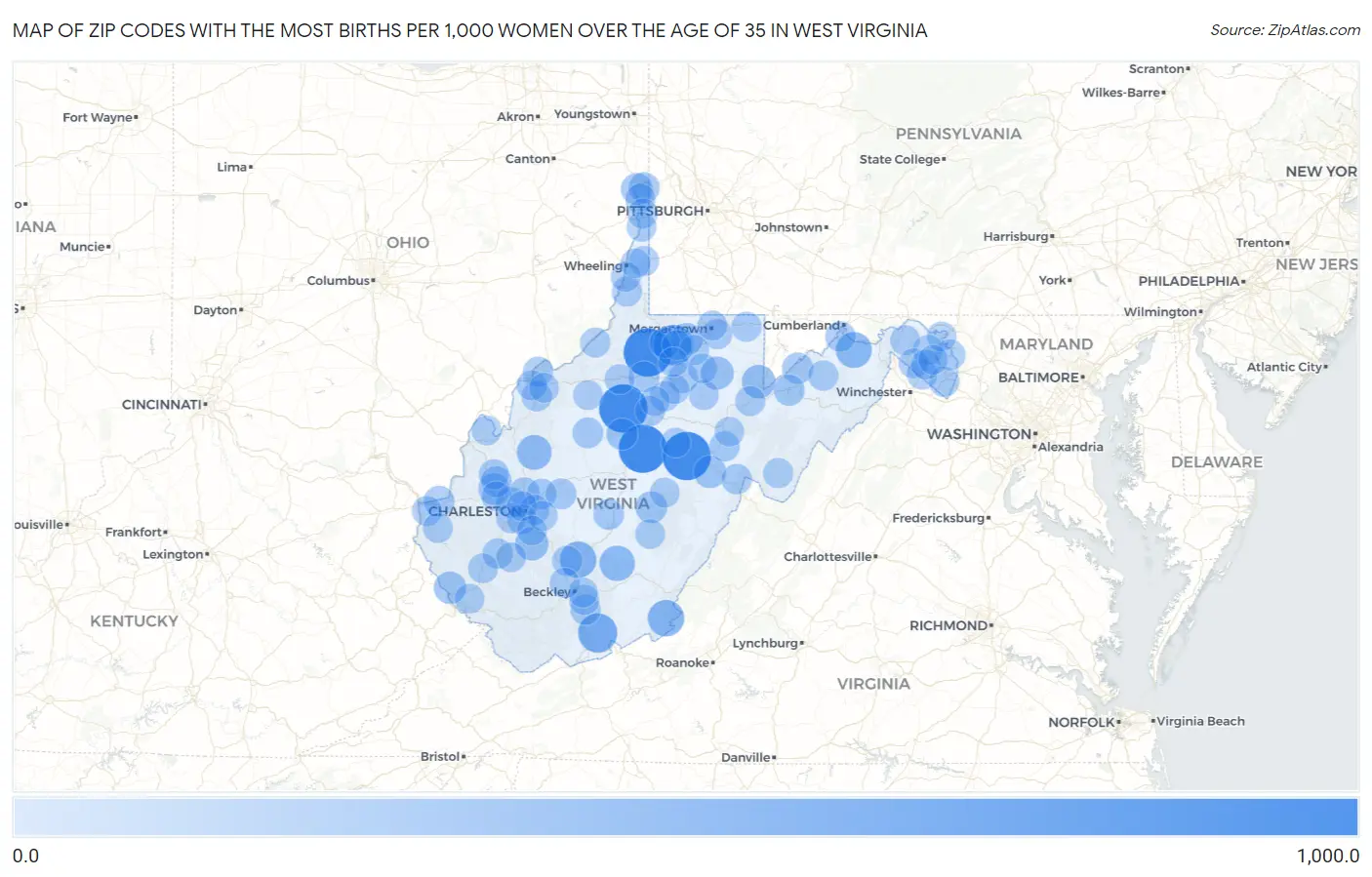 Zip Codes with the Most Births per 1,000 Women Over the Age of 35 in West Virginia Map