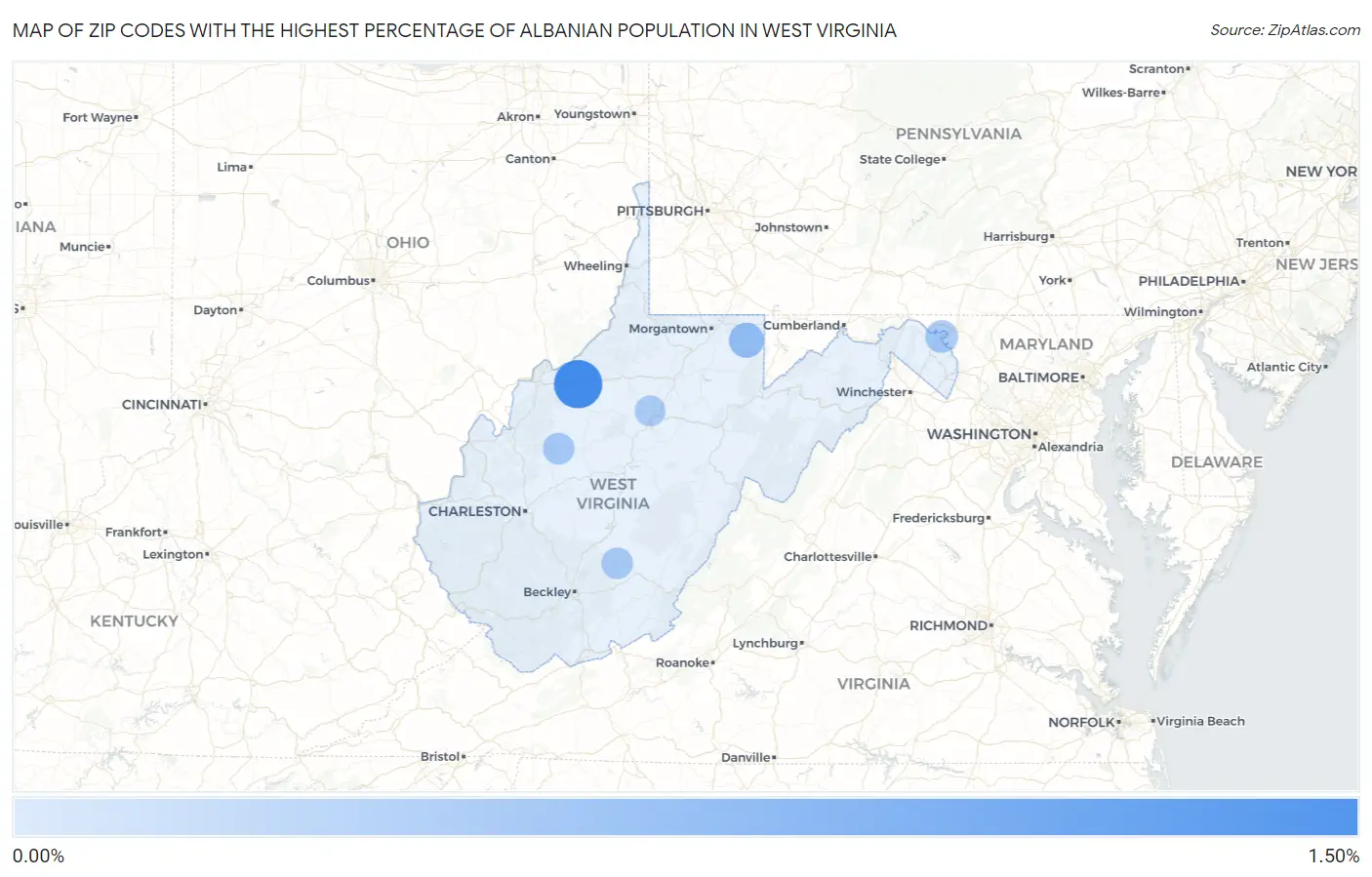 Zip Codes with the Highest Percentage of Albanian Population in West Virginia Map