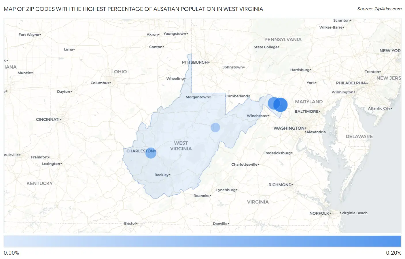 Zip Codes with the Highest Percentage of Alsatian Population in West Virginia Map
