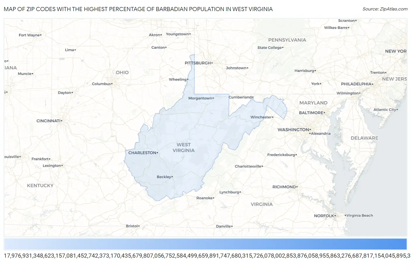 Zip Codes with the Highest Percentage of Barbadian Population in West Virginia Map