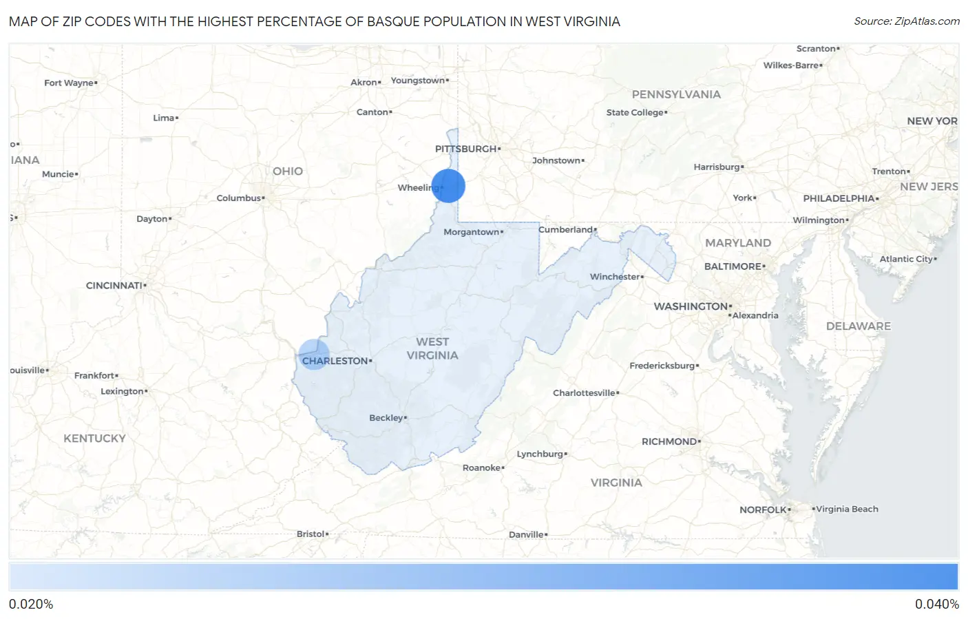 Zip Codes with the Highest Percentage of Basque Population in West Virginia Map