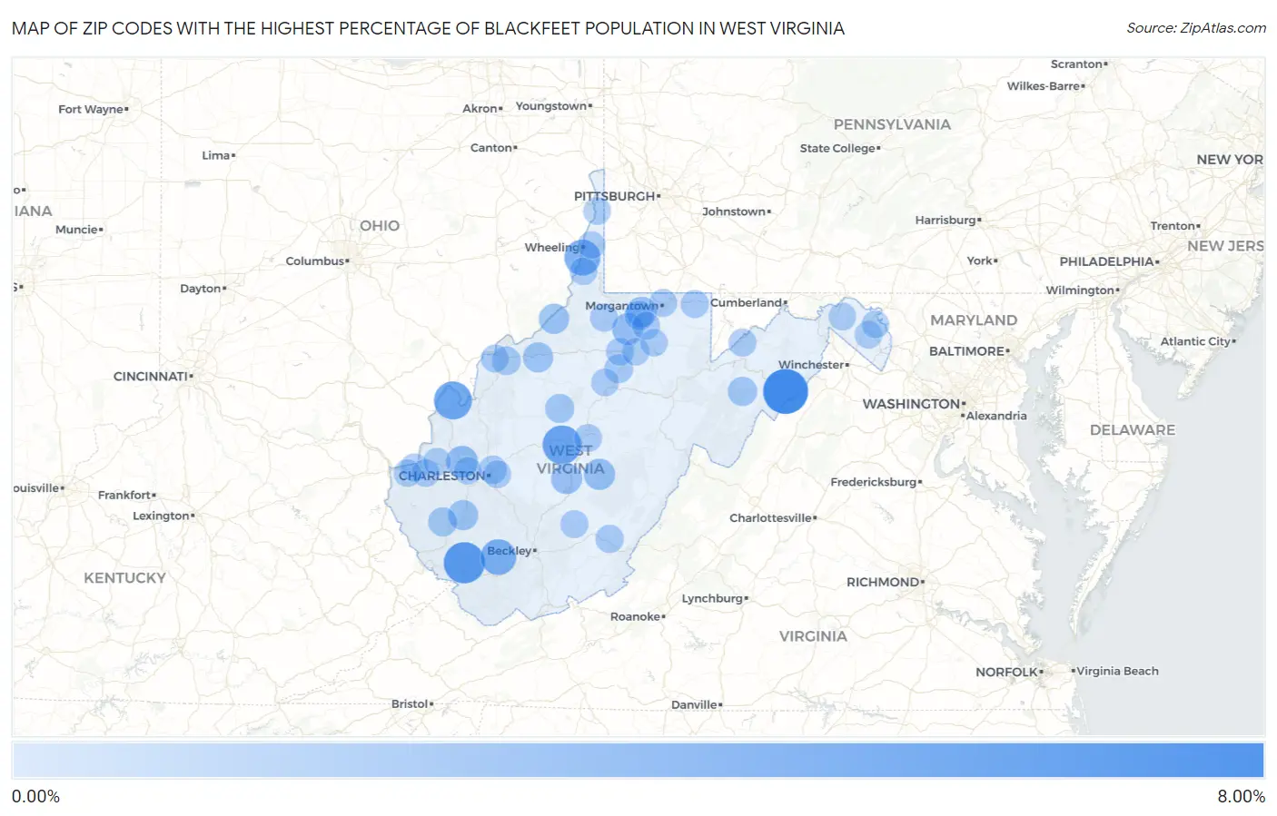 Zip Codes with the Highest Percentage of Blackfeet Population in West Virginia Map