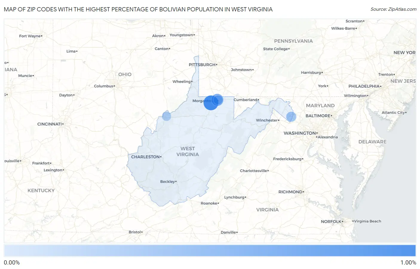 Zip Codes with the Highest Percentage of Bolivian Population in West Virginia Map