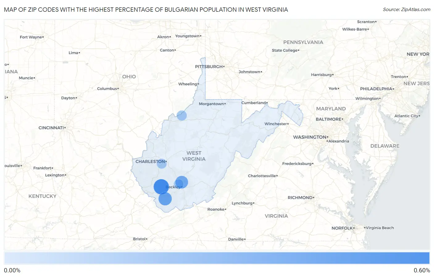 Zip Codes with the Highest Percentage of Bulgarian Population in West Virginia Map