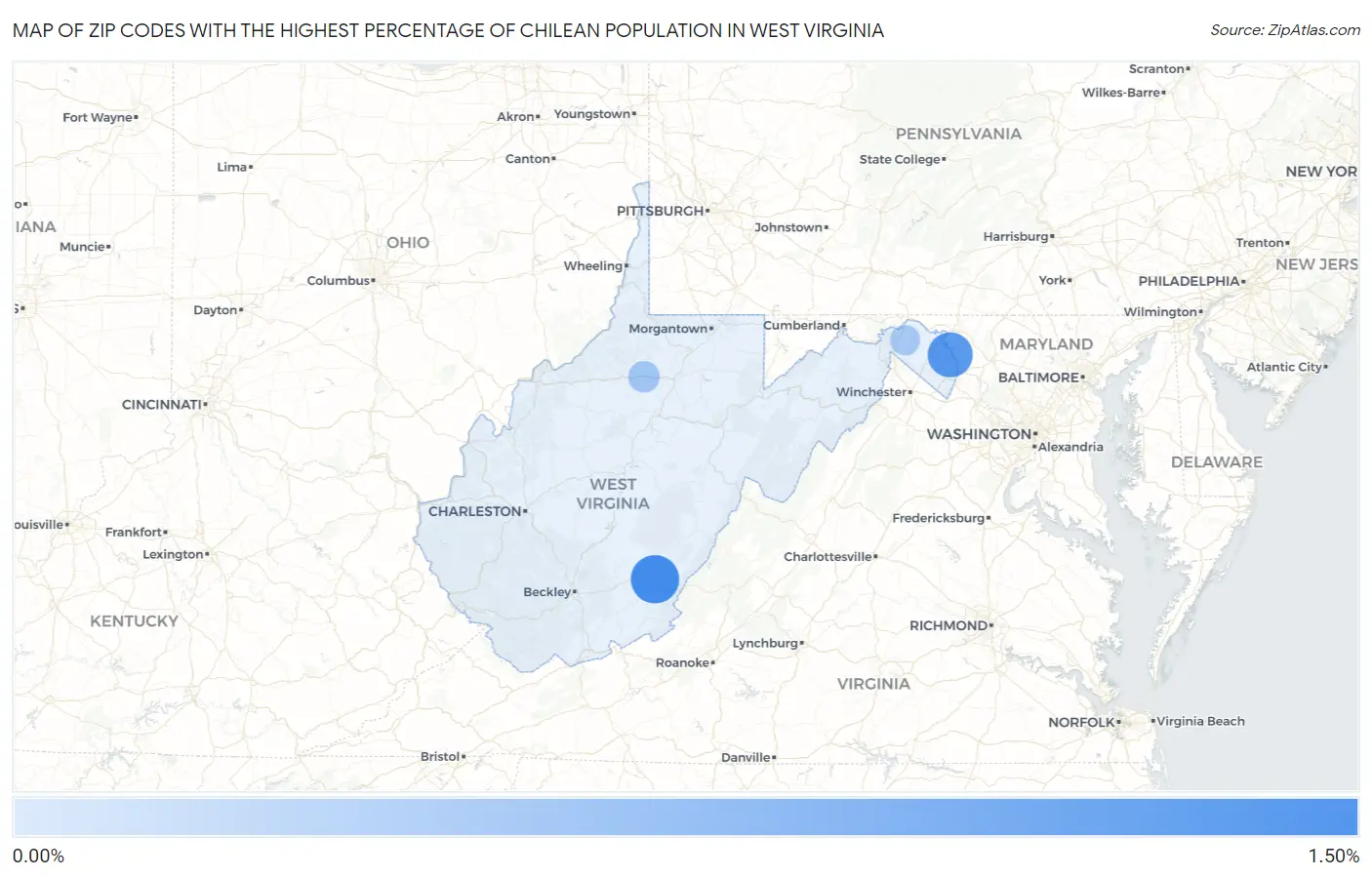 Zip Codes with the Highest Percentage of Chilean Population in West Virginia Map