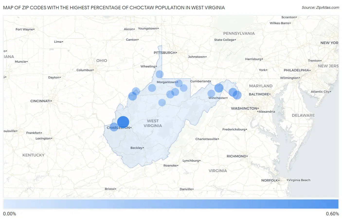 Zip Codes with the Highest Percentage of Choctaw Population in West Virginia Map