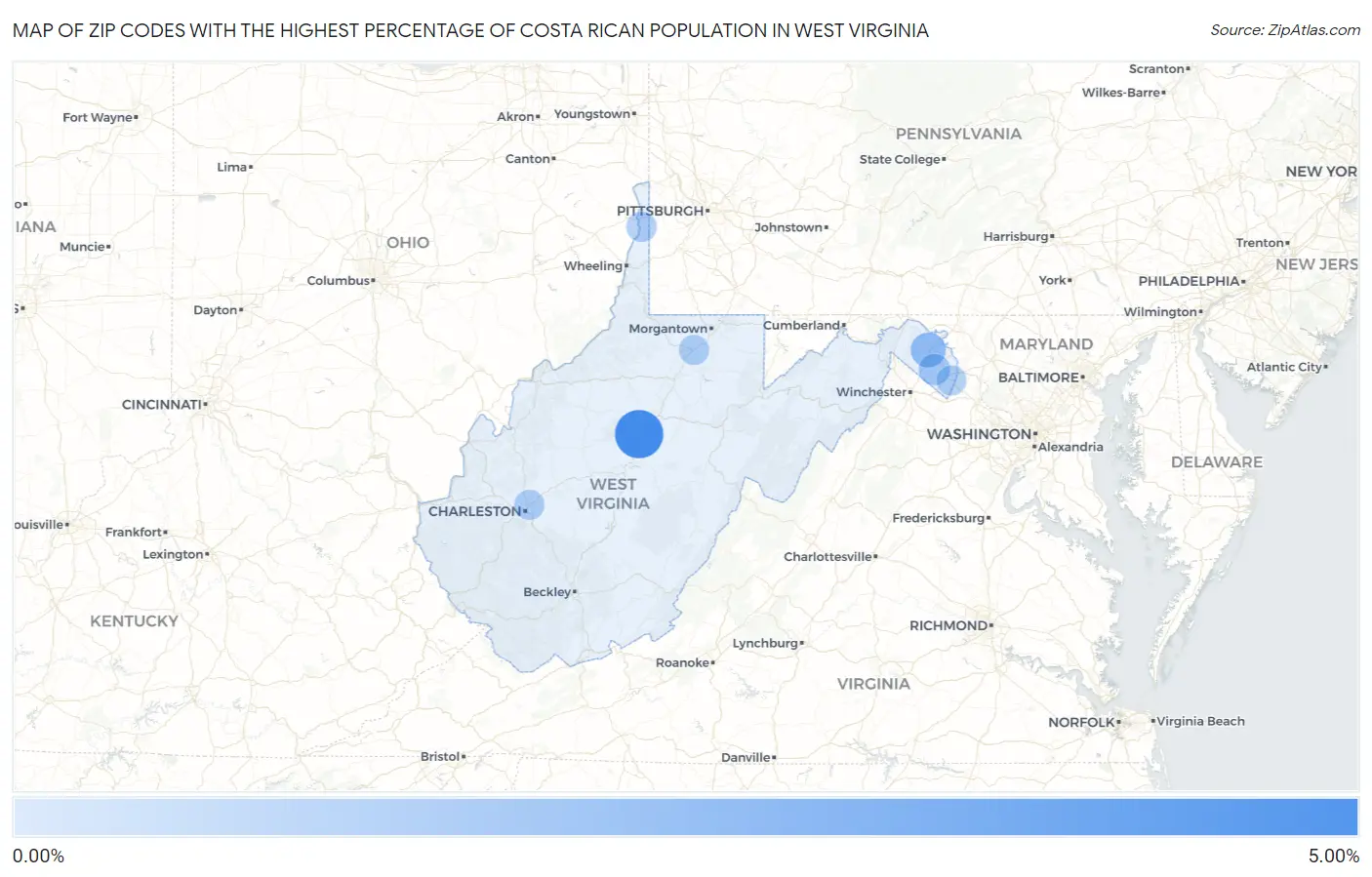 Zip Codes with the Highest Percentage of Costa Rican Population in West Virginia Map