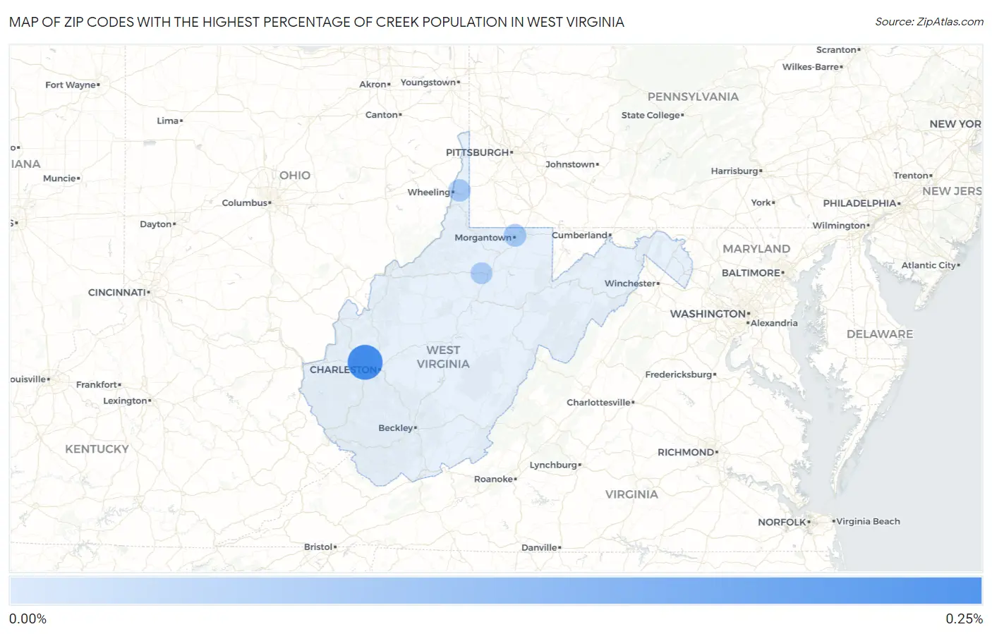 Zip Codes with the Highest Percentage of Creek Population in West Virginia Map