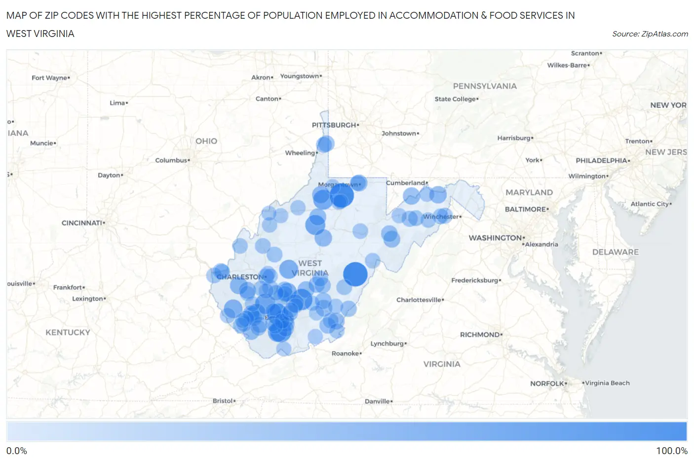 Zip Codes with the Highest Percentage of Population Employed in Accommodation & Food Services in West Virginia Map