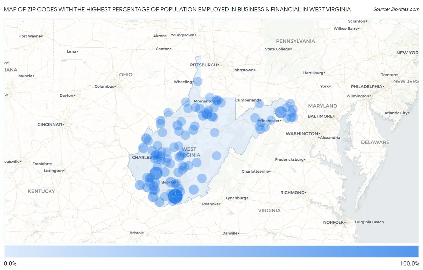 Zip Codes with the Highest Percentage of Population Employed in Business & Financial in West Virginia Map