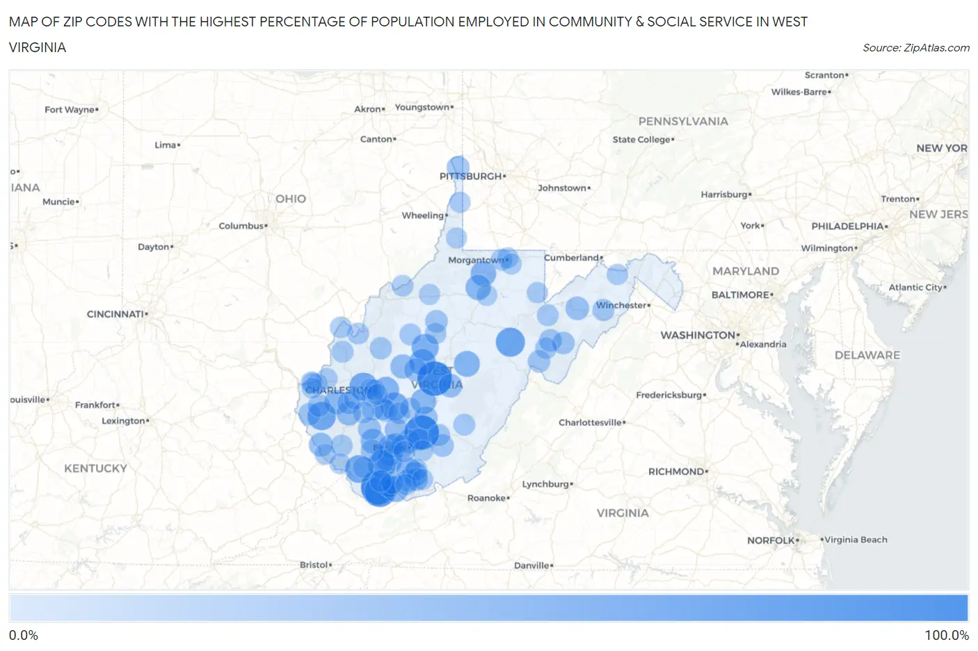 Zip Codes with the Highest Percentage of Population Employed in Community & Social Service  in West Virginia Map
