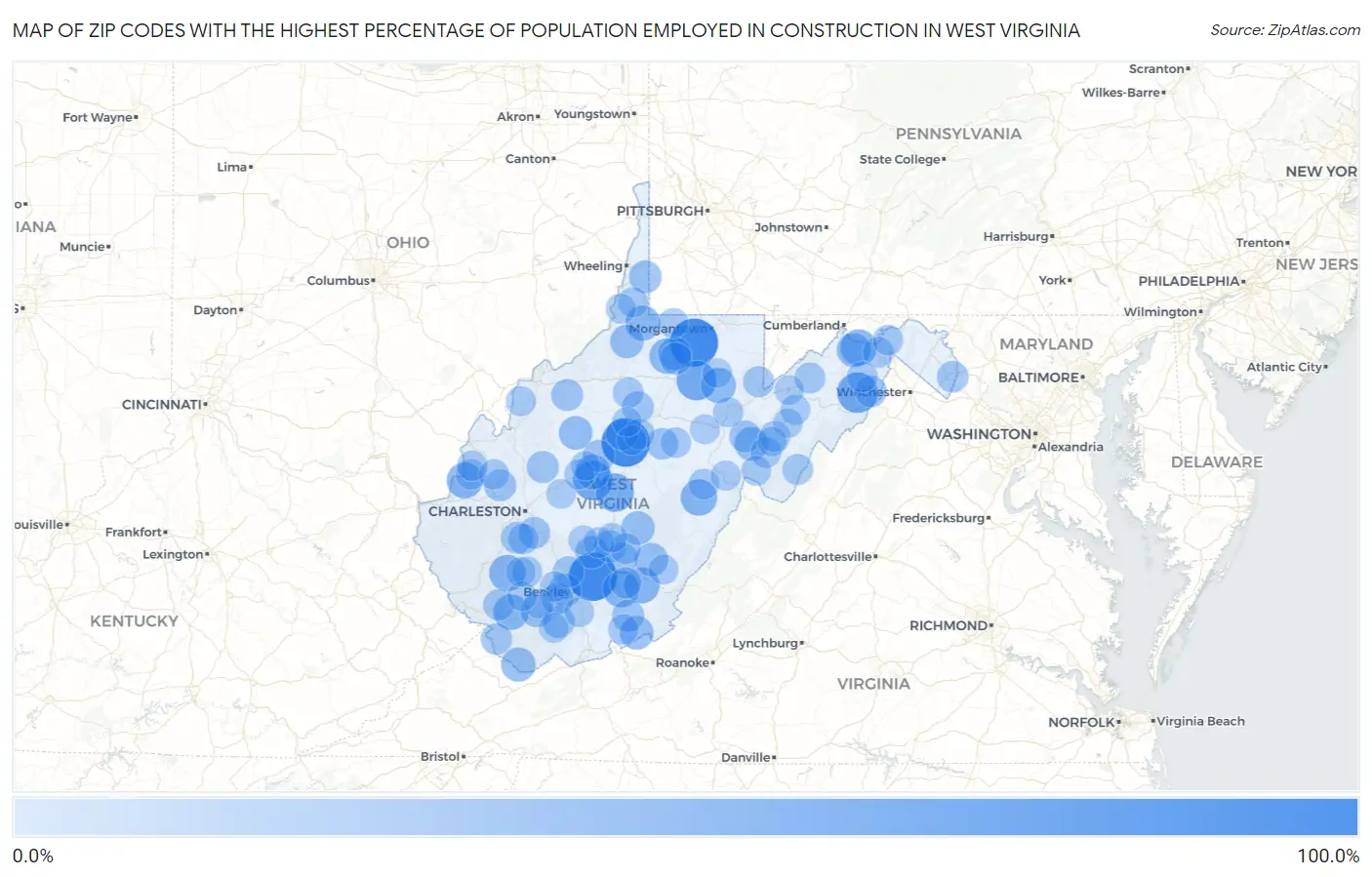 Zip Codes with the Highest Percentage of Population Employed in Construction in West Virginia Map