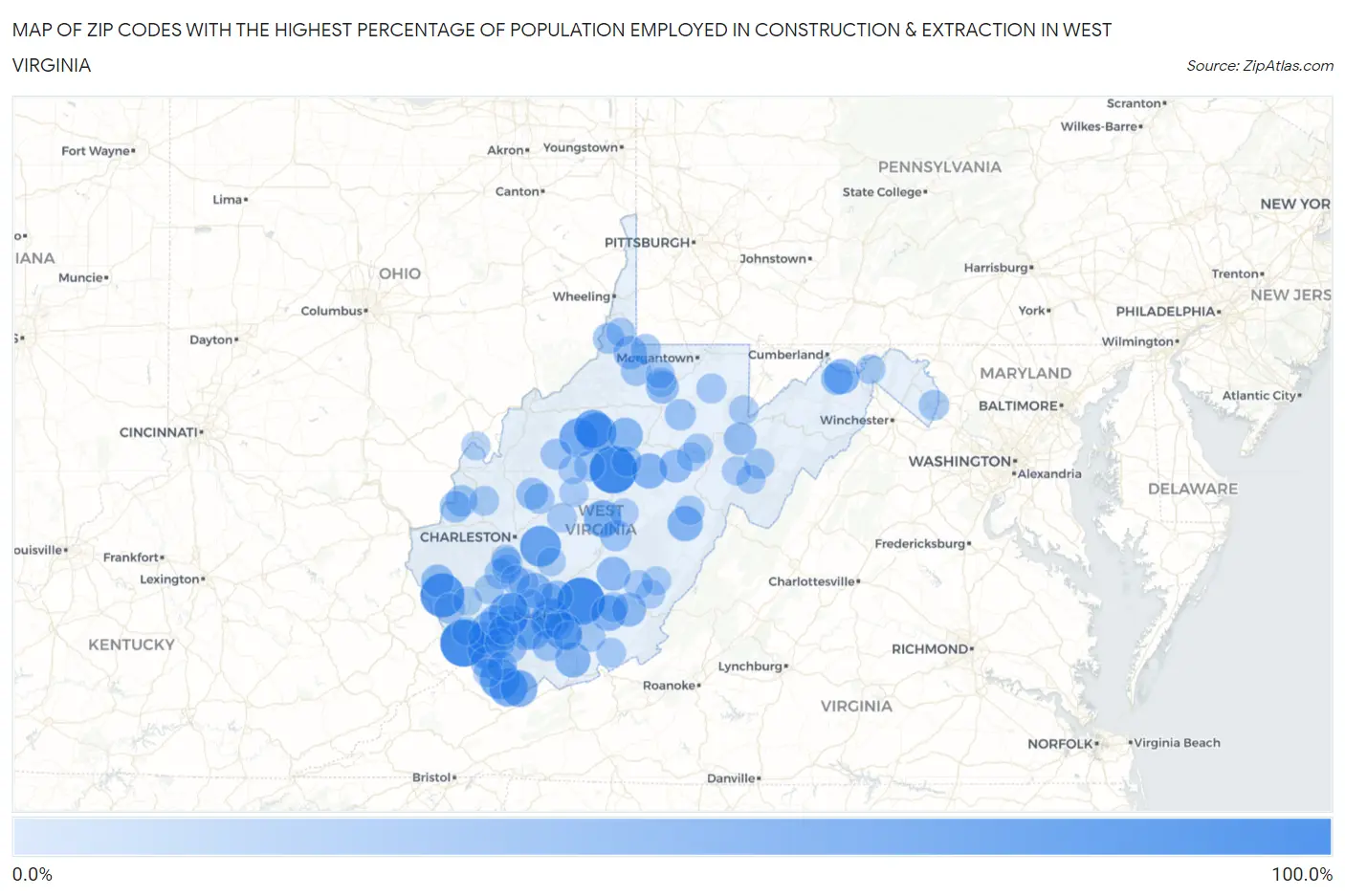 Zip Codes with the Highest Percentage of Population Employed in Construction & Extraction in West Virginia Map