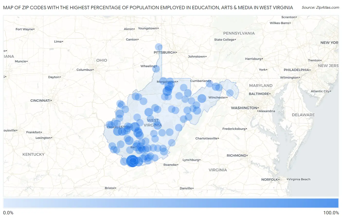Zip Codes with the Highest Percentage of Population Employed in Education, Arts & Media in West Virginia Map