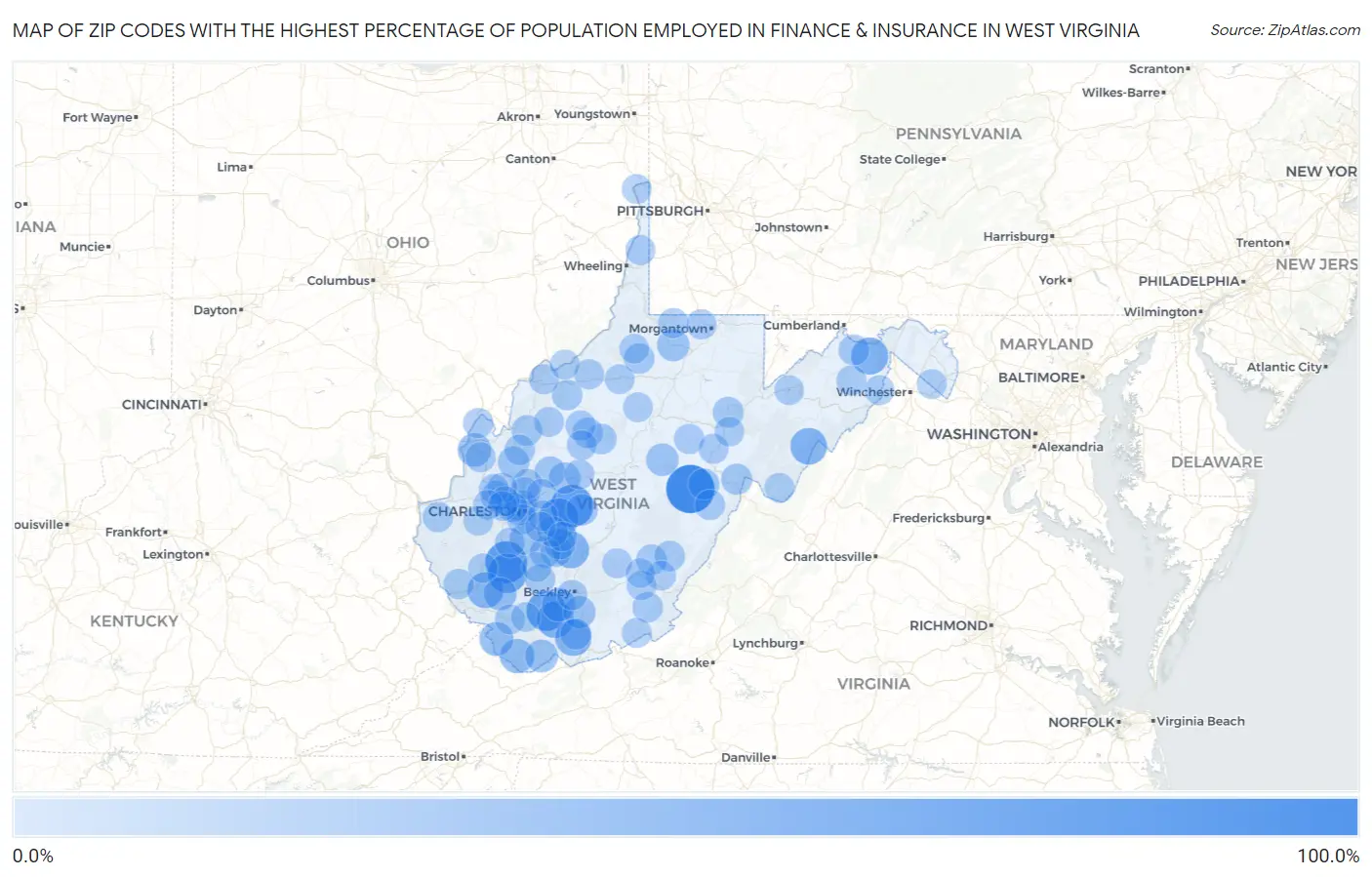 Zip Codes with the Highest Percentage of Population Employed in Finance & Insurance in West Virginia Map
