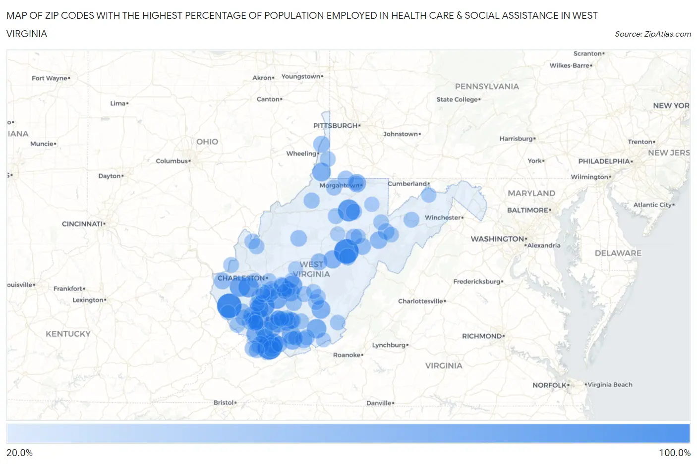 Zip Codes with the Highest Percentage of Population Employed in Health Care & Social Assistance in West Virginia Map