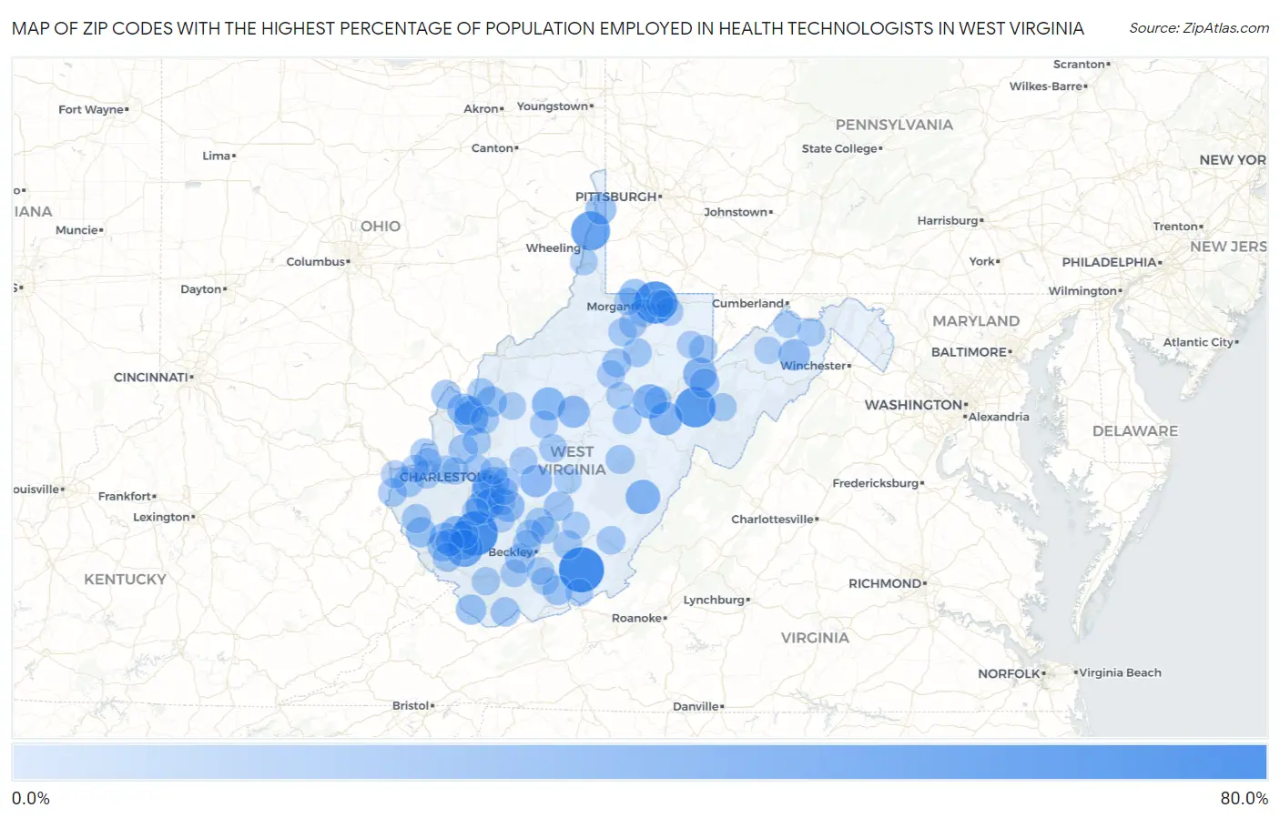 Zip Codes with the Highest Percentage of Population Employed in Health Technologists in West Virginia Map