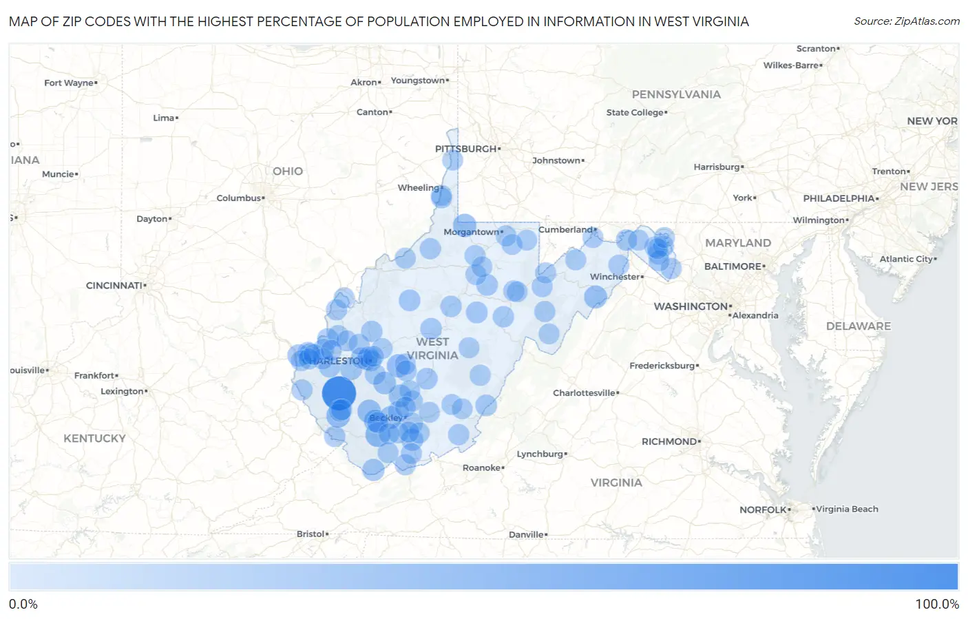 Zip Codes with the Highest Percentage of Population Employed in Information in West Virginia Map