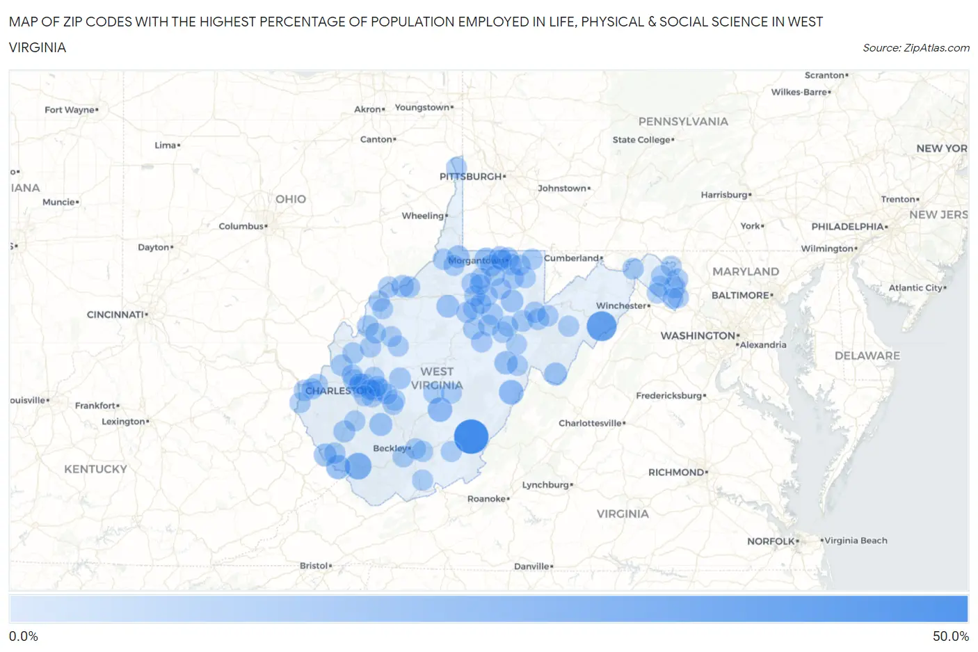 Zip Codes with the Highest Percentage of Population Employed in Life, Physical & Social Science in West Virginia Map