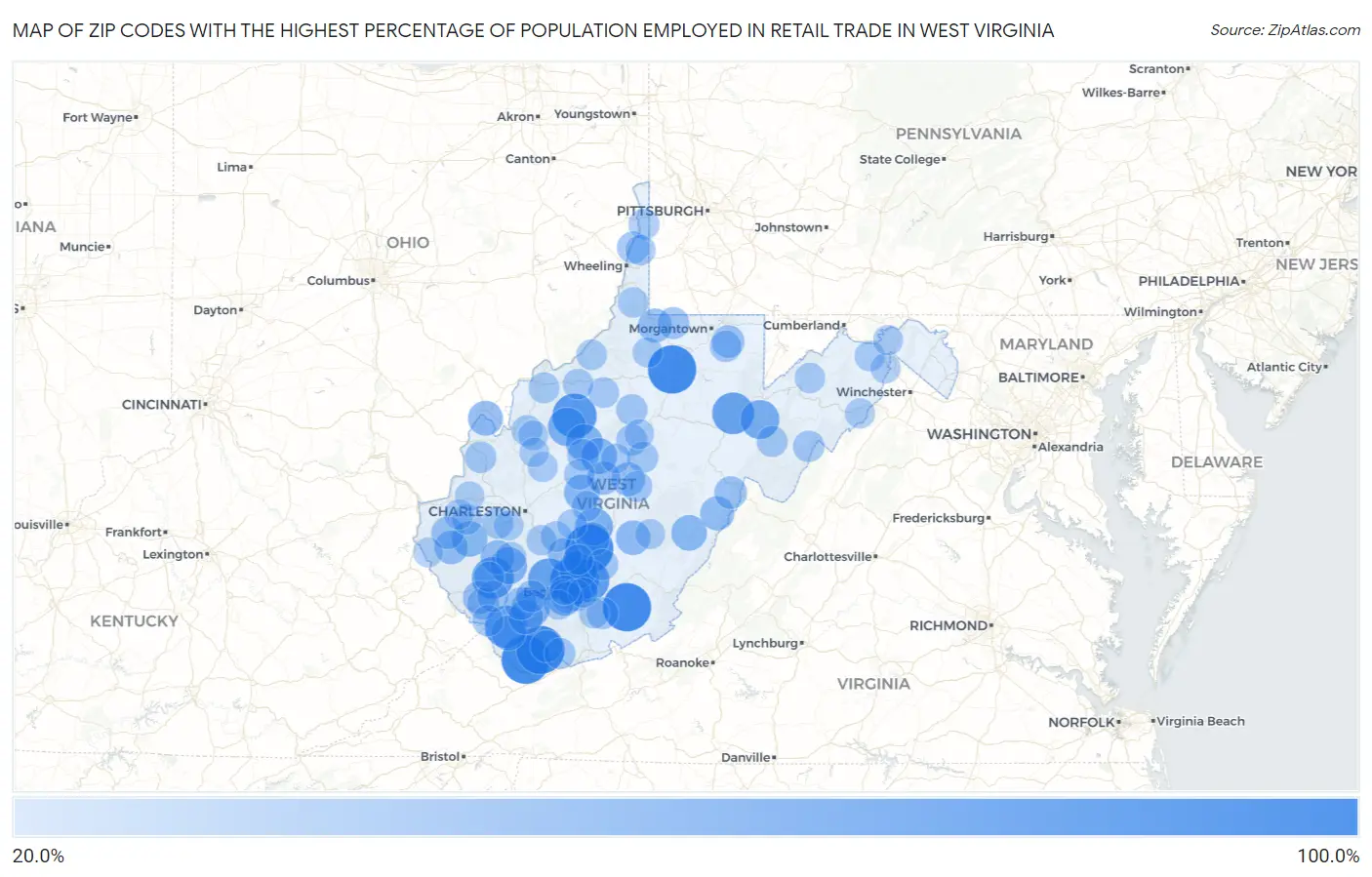 Zip Codes with the Highest Percentage of Population Employed in Retail Trade in West Virginia Map