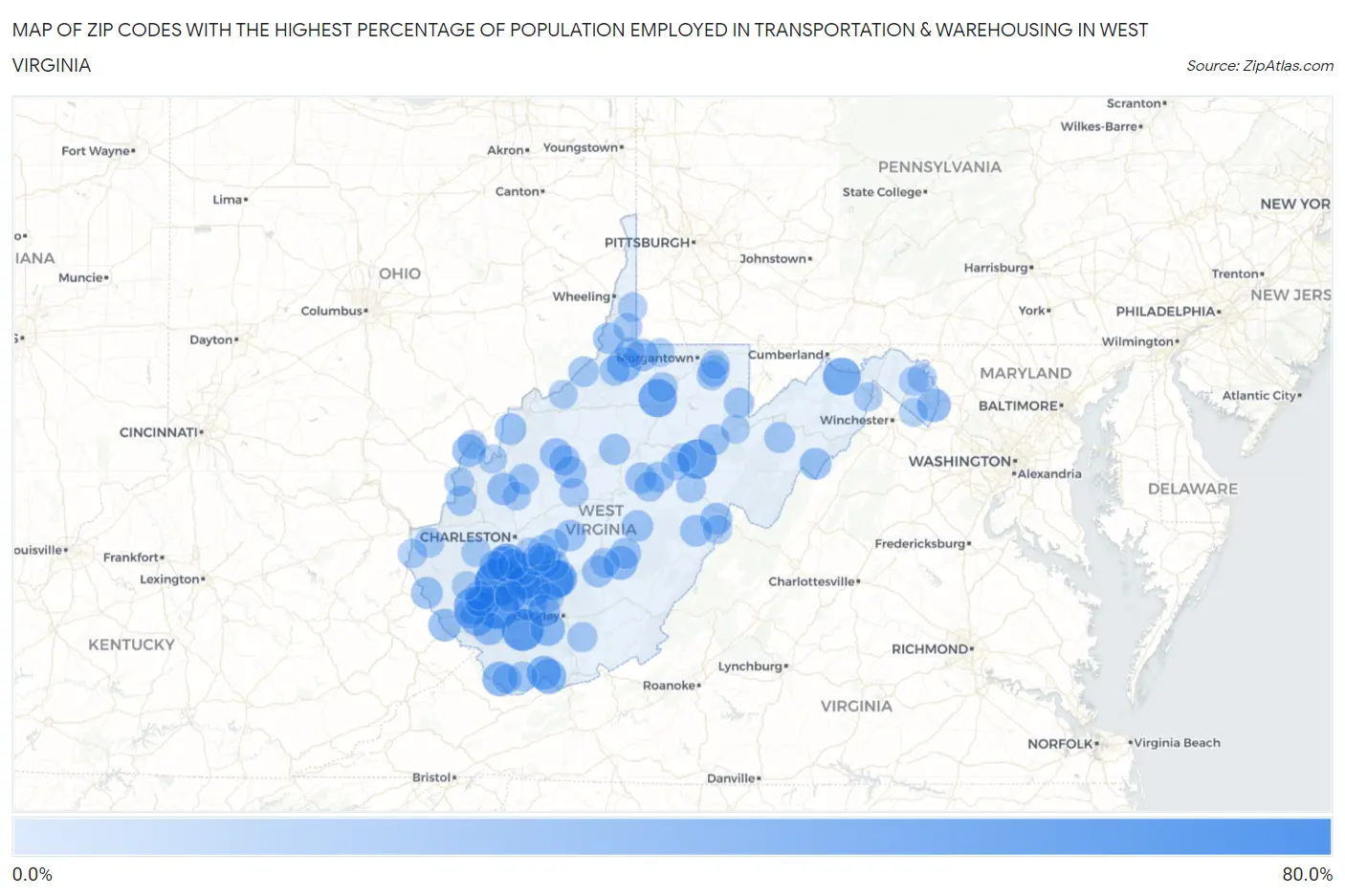 Zip Codes with the Highest Percentage of Population Employed in Transportation & Warehousing in West Virginia Map