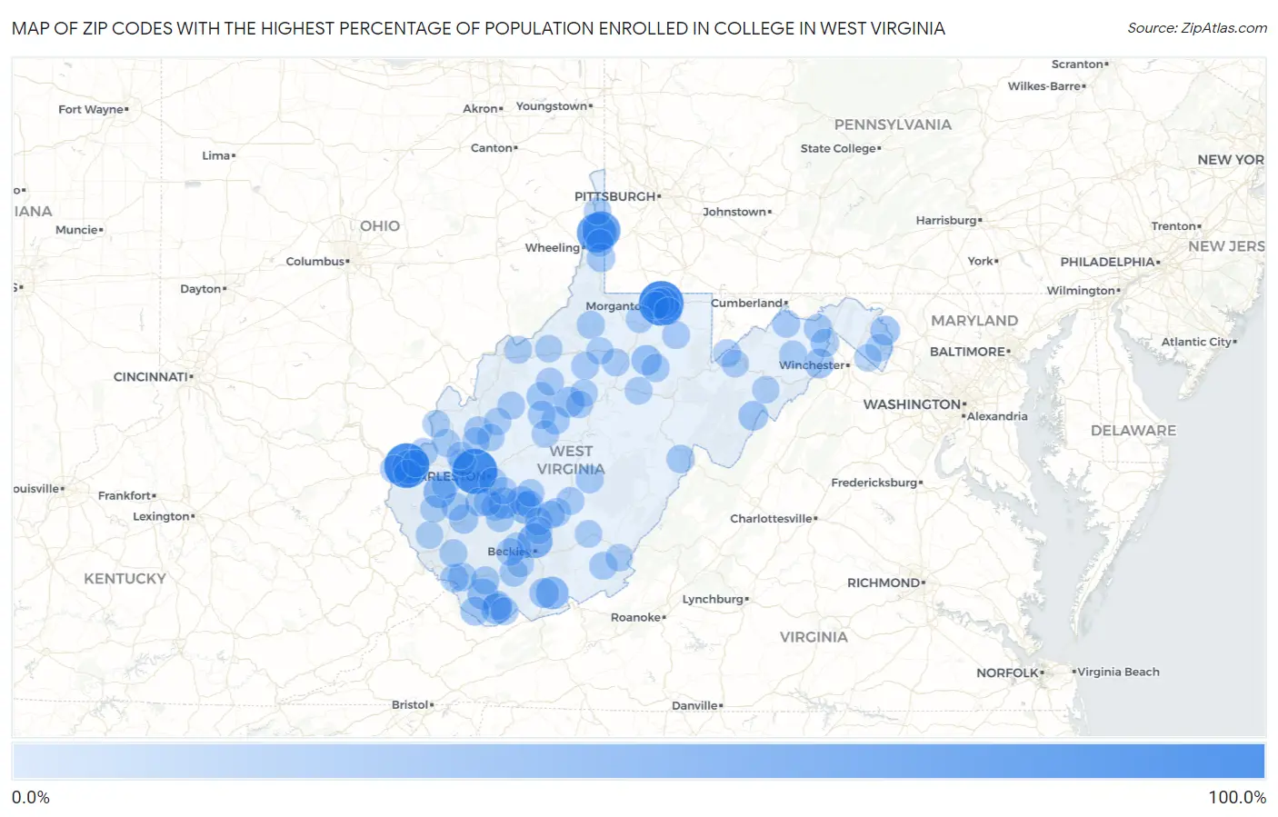 Zip Codes with the Highest Percentage of Population Enrolled in College in West Virginia Map