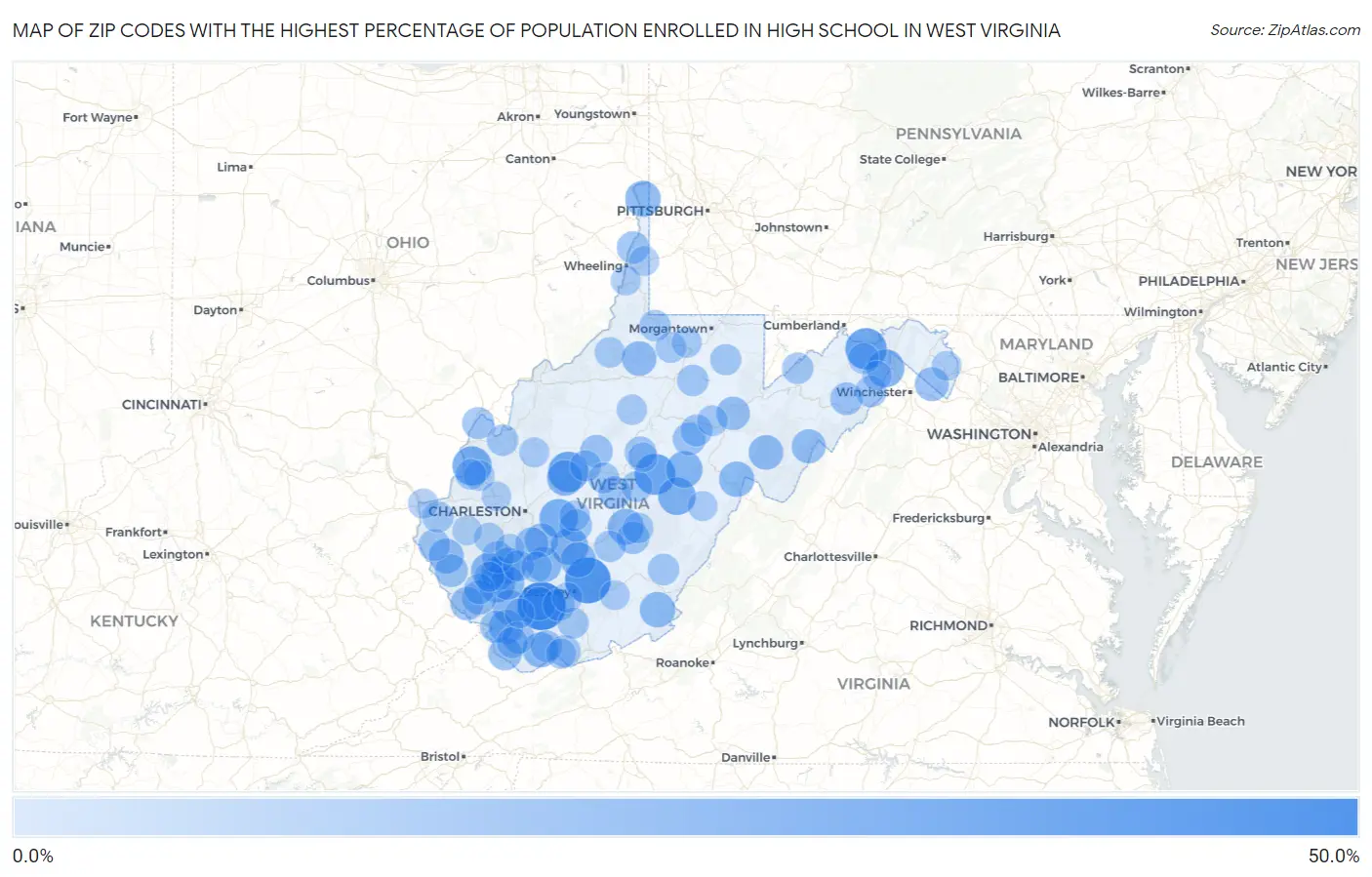 Zip Codes with the Highest Percentage of Population Enrolled in High School in West Virginia Map