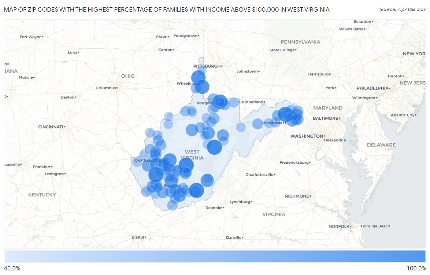 Zip Codes with the Highest Percentage of Families with Income Above $100,000 in West Virginia Map