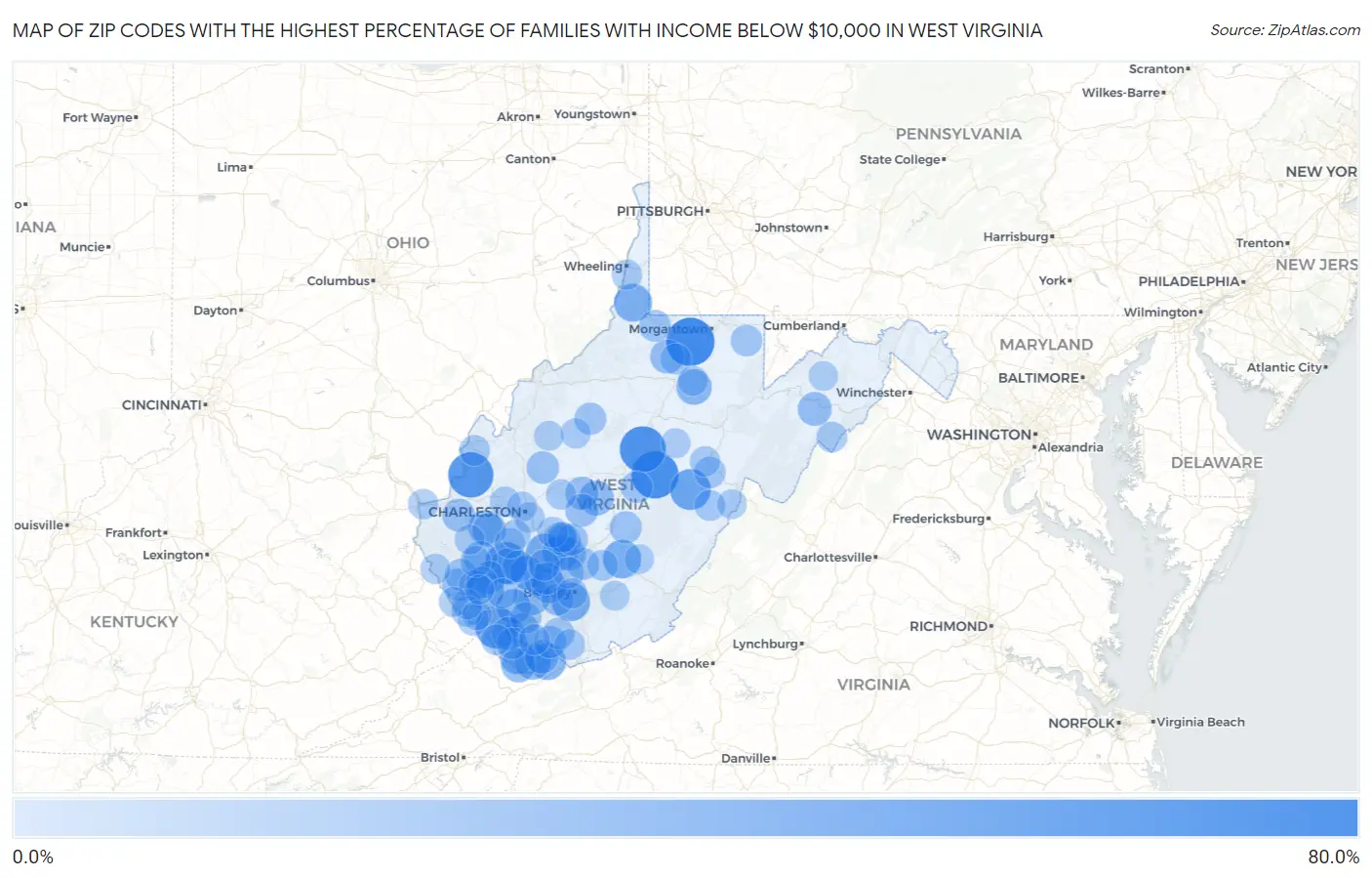 Zip Codes with the Highest Percentage of Families with Income Below $10,000 in West Virginia Map