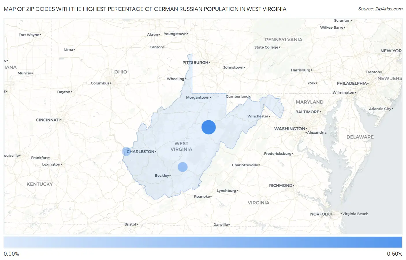Zip Codes with the Highest Percentage of German Russian Population in West Virginia Map