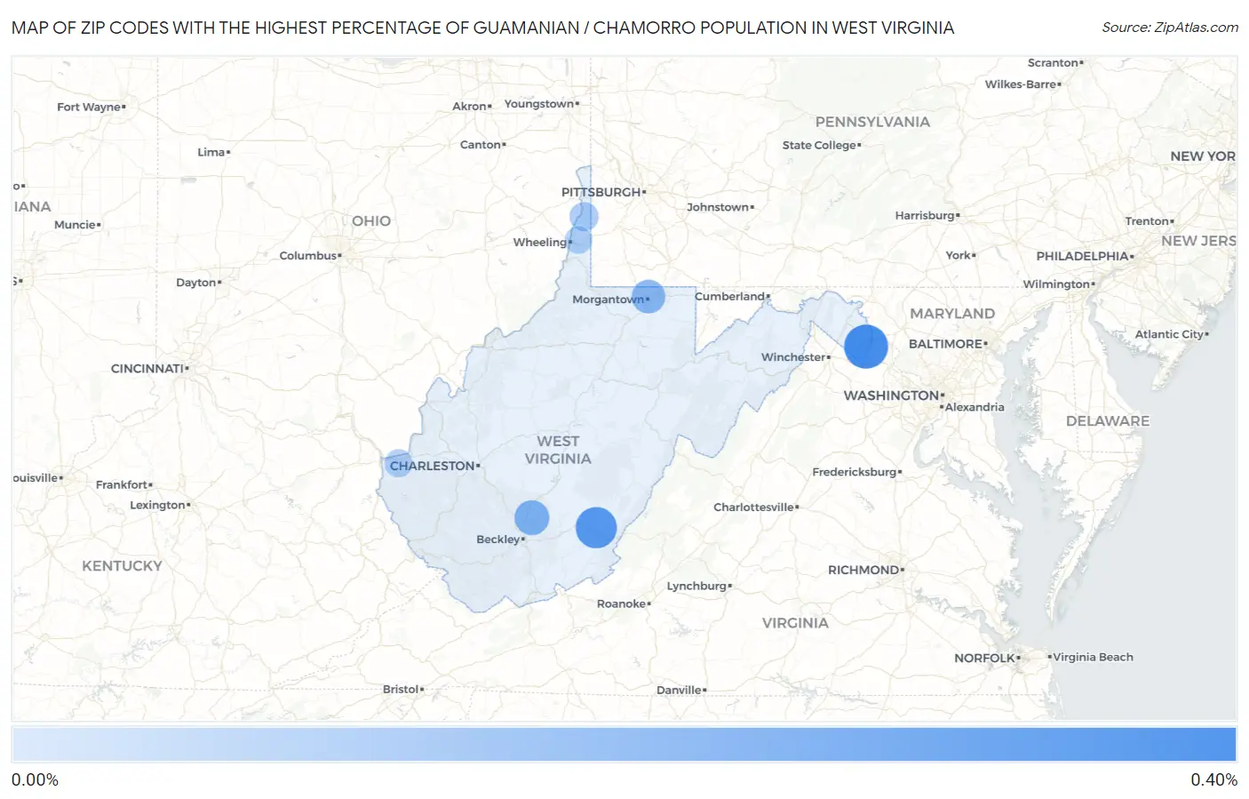 Zip Codes with the Highest Percentage of Guamanian / Chamorro Population in West Virginia Map