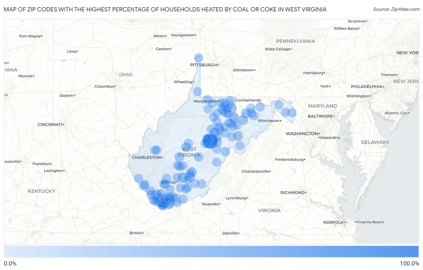 Zip Codes with the Highest Percentage of Households Heated by Coal or Coke in West Virginia Map