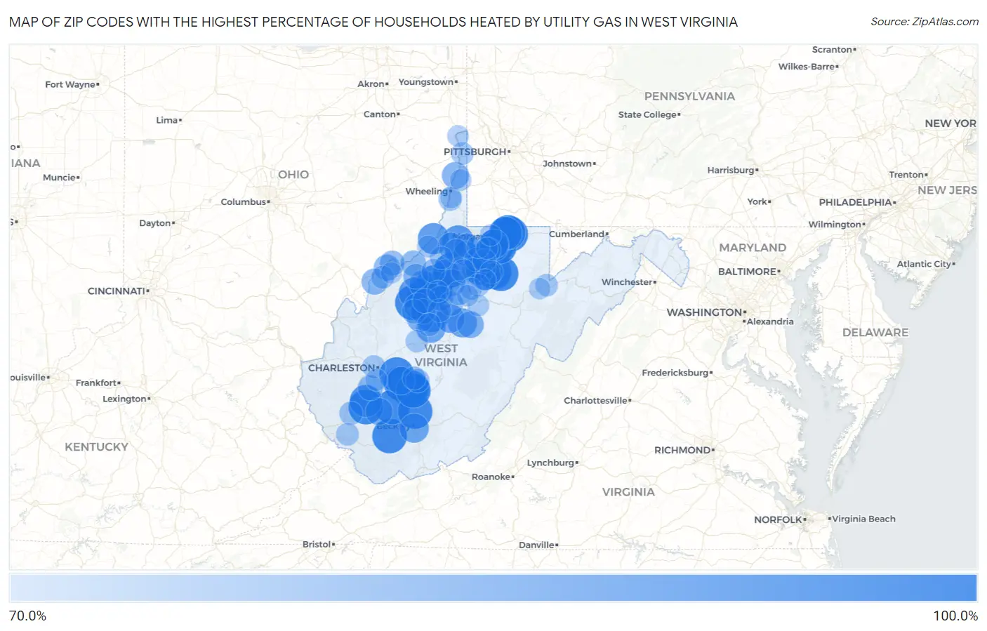 Zip Codes with the Highest Percentage of Households Heated by Utility Gas in West Virginia Map