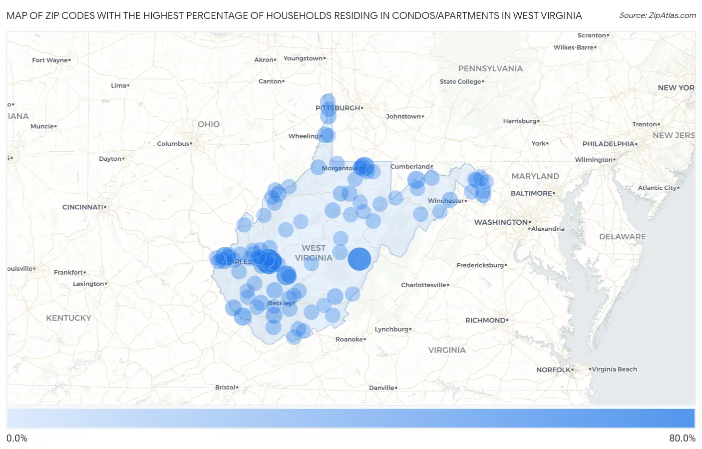 Zip Codes with the Highest Percentage of Households Residing in Condos/Apartments in West Virginia Map