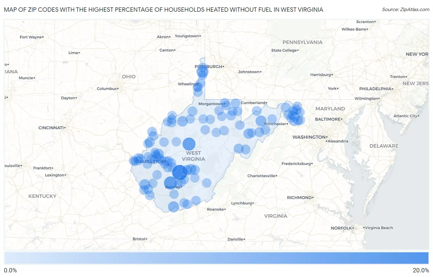 Zip Codes with the Highest Percentage of Households Heated without Fuel in West Virginia Map